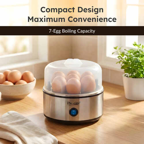Prestige PEB 01 Egg Boiler (7 Egg Capacity)| 3 Boiling Modes| Auto- Switch Off| Stainless Steel Body|One Touch Operation| Customizable Boiling Level| Measuring Cup Inside| 7 Eggs at a Time|Silver