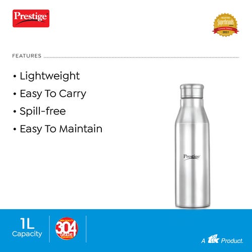 Prestige PSWBC 17 Stainless Steel Spill Free Water Bottle, 1 Litre, Silver