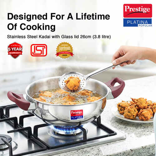Prestige Platina Popular Stainless Steel Unique Impact Forged Bottom Kadai with Toughened Glass Lid, 26cm (3.8 L) (Silver)