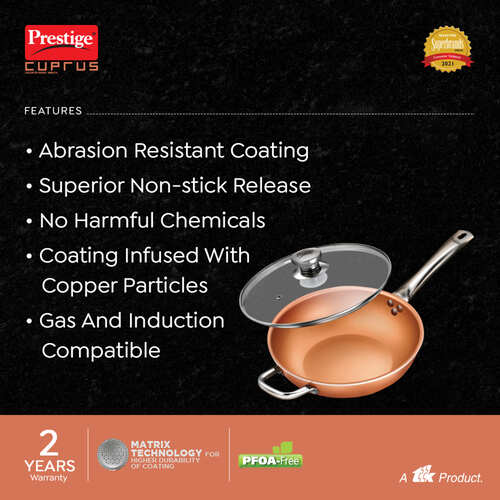 Prestige Cuprus Aluminium Gas and Induction Compatible Non-Stick Kadai with Glass Lid, 26 cm, 3 L (Copper)