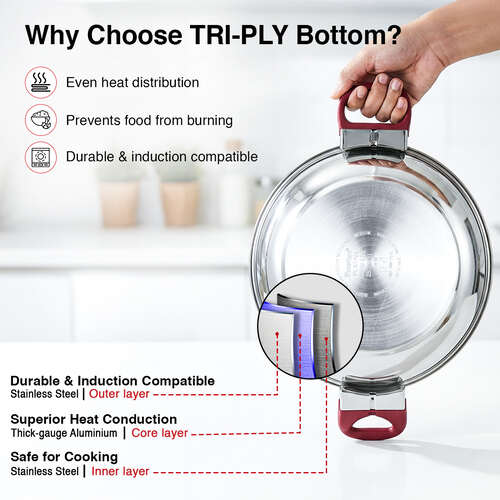 Prestige Platina Popular Stainless Steel Unique Impact Forged Bottom Kadai with Toughened Glass Lid, 20cm (1.5 L) (Silver)