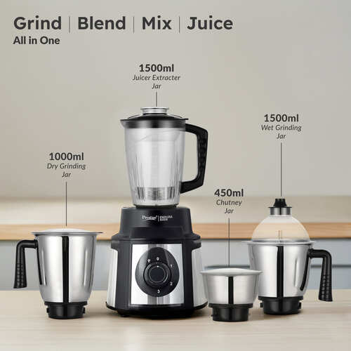 Prestige Endura 1000 Watt Mixer Grinder with 4 Jars | Heavy-Duty Ball Bearing Copper Motor | 3 Stainless Steel + 1 Juicer | Super Efficient SS Blades | Black | 5Y Motor Warranty