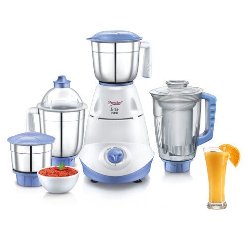 Prestige Iris 750 Watt Mixer Grinder with 4 Jars (3 Stainless Steel + 1 Juicer) | Super Efficient SS Blades | White | 2Y Warranty | ISI Certified