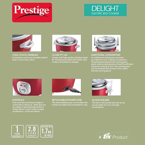 Prestige Cute 2.8-2 Rice Cooker 2.8 L with Close Fit Stainless Steel Lid (Red)