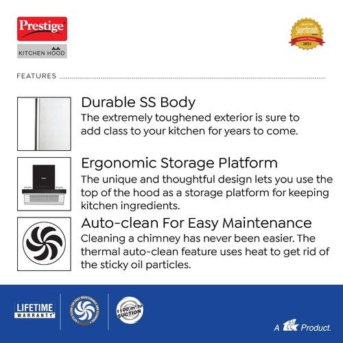 Prestige Tampa 600 KitchenHood with Auto Clean Function - Angular Suction - 1100m3/hr