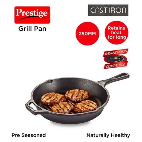 Prestige Cast Iron Scratch Resistant Gas and Induction Compatible Grill Pan, (Black)