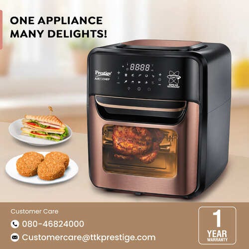 Prestige AirChef 12L Air Fryer Oven | 1800 Watts | 360° Rapid Air Technology | Multi-level Cooking | Rotisserie | 10 Preset Menu | 80% less Oil Consumption | Rose Gold | 1Y Warranty | ISI Certified
