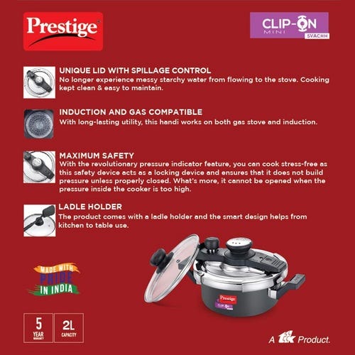 Prestige Clip-on Mini Svachh Hard Anodised Pressure Cooker with Glass Lid, (Black and Silver)