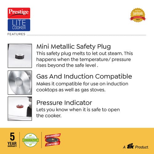 Prestige Lite Cooke Svachh Stainless Steel Spillage Control Pressure Cooker with Starch Filter (Silver)
