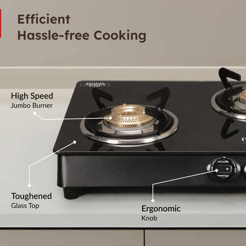 Prestige Marvel Plus 3 Burner GTM-03-Black Glass Top Gas Stove| Superior Toughened Glass-Top| Spill-Proof Design| High Speed Jumbo Burner| Black