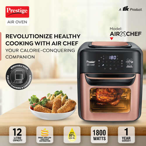 Prestige AirChef 12L Air Fryer Oven | 1800 Watts | 360° Rapid Air Technology | Multi-level Cooking | Rotisserie | 10 Preset Menu | 80% less Oil Consumption | Rose Gold | 1Y Warranty | ISI Certified