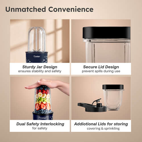 Prestige Nutri-Mate 400W Mixer Grinder|Compact Multipurpose Blender with 2 Jars & 3 Lids (Sipper, Storage, Sprinkle)|Dual Safety Interlock System|Ideal for Smoothies, Juices & Chutneys|1Y Warranty.