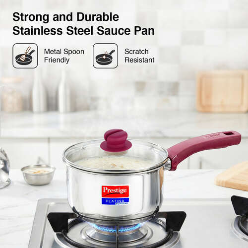 Prestige Platina Popular Stainless Steel Unique Impact Forged Bottom Sauce Pan with Glass Lid, 18cm (2 L) (Silver)