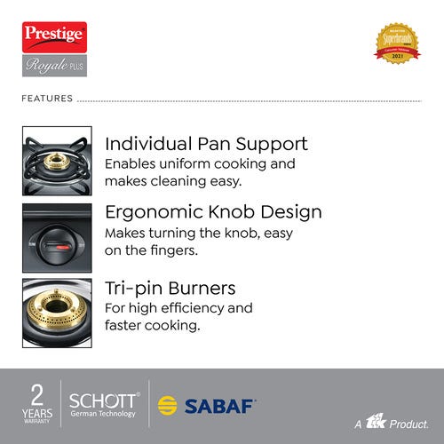 Prestige Royale Plus Manual Powder Coated Gas Stove, Black
