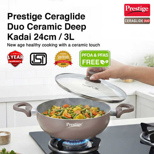 Prestige Ceraglide Duo Ceramic Coating Non Stick Aluminium Cookware Deep Kadai Dia 24 cm (3.0 Litre) with Glass Lid