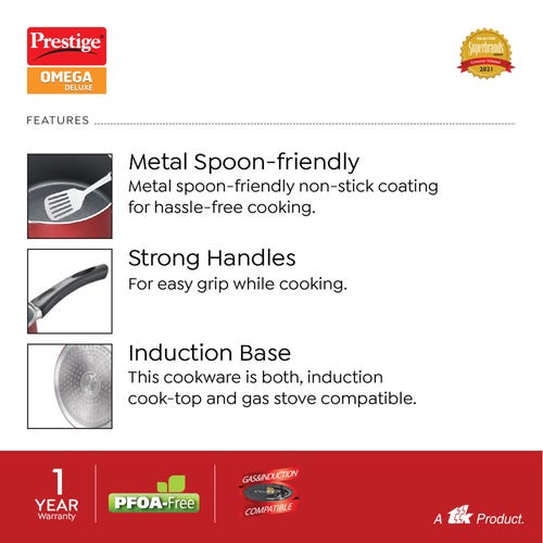 Prestige Omega Deluxe Aluminium Induction Base Non-Stick Milk Pan with Glass Lid, (Red)