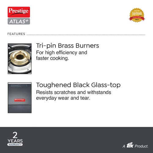 PRESTIGE ATLAS PLUS LP GAS STOVE 1 U GTA-02+ (WITH POWDER COATED BODY, GLASS TOP AND 2 U BRASS BURNERS) & L. P. GAS HOSE (WITH STEEL WIRE RE-INFORCED-1.5m)1 U & GAS LIGHTER PGL 03 1 U & KNIFE 1 U FREE