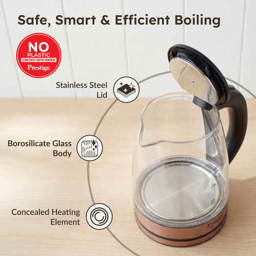 Prestige PKGB 1.8 Litre Electric Glass Kettle| LED Power Indicator| Borosilicate Glass| Automatic Power Cut-Off| Concealed Element| 360 Degree Swivel| Cool Touch Handle