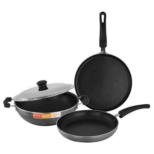 Prestige Omega Select Plus Non-stick Kitchen Set (Omni Tawa 27.5cm, Fry Pan 25cm, Kadai with Lid 25cm) (Black)