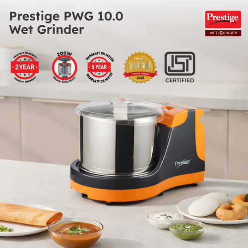Prestige PWG 10 Orange Wet Grinder with Stainless Steel Drum, 2L, 200W