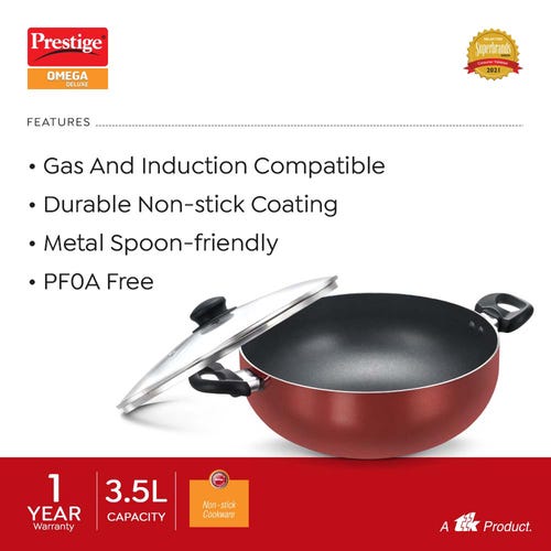 Prestige Omega Deluxe Aluminium Non-Stick Round Base Deep Kadai with Glass Lid (Red)