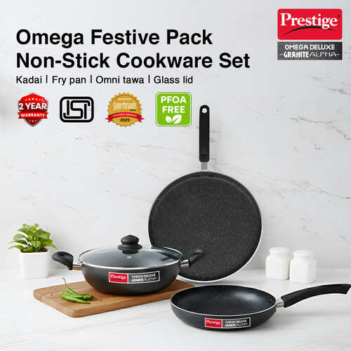 Prestige Omega Deluxe Granite Alpha 3 Piece BYK Non-Stick Cookware Set| Kadai 24cm with Glass Lid, Omni Tawa 28cm and Fry Pan 24cm| Gas and Induction Compatible| 5 Layer Non-Stick Coating