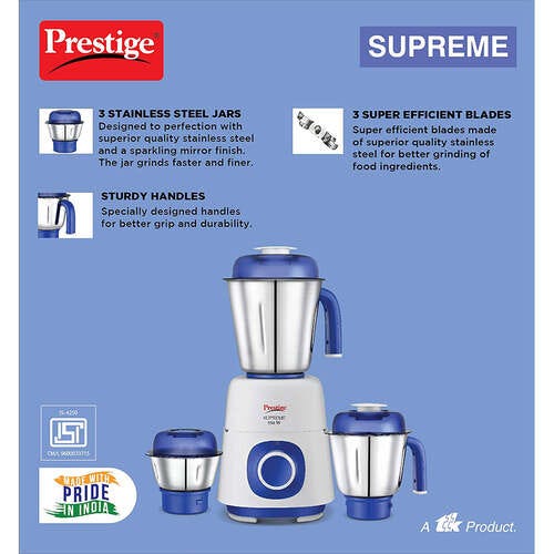 Prestige 550 Watts Supreme Mixer Grinder with 3 Stainless Steel Jars| Ergonomic Design| Sturdy Handles| Blue & White