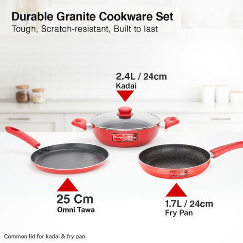 Prestige Aluminum Omega Cookware Set, 3-Piece, 1.5 Liters, Red