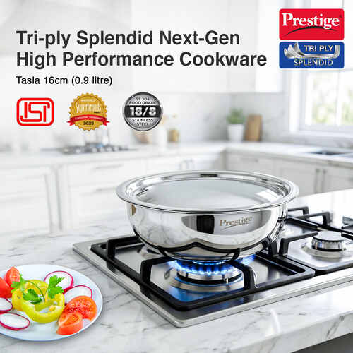 Prestige 16cm/0.9L Tri-Ply Stainless Steel Splendid Tasla with Lid|Gas and Induction Compatible|Even Heat Distribution| Thick Gauge Tri-Ply Body|15 Year Warranty