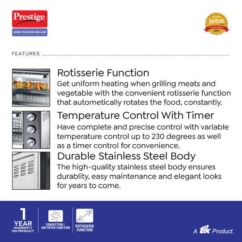 Prestige POTG 26 SS RC Oven Toaster Griller with Convection and Air Fryer Function