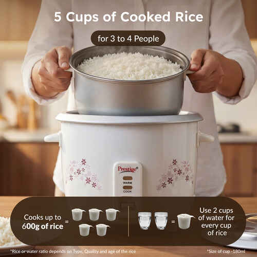 Prestige Delight PRWO-1.5-2 Double Pot Electric Rice Cooker(1.5L for Rice-Open Type, White, with Aluminium Cooking Pan-2 units 3.5 L pan Volume, 500 W)
