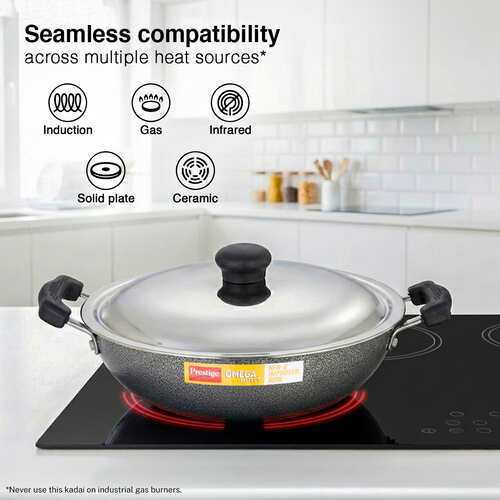 Prestige Omega Select Plus Aluminium Flat Base Non-Stick Coating Kadai with SS Lid, 25cm (Black)