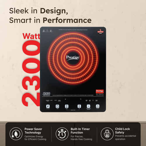 Prestige Sleeq 2300 Watts Induction Cooktop | 4KV Surge Protection | 7 Preset Indian Menu Options & Timer | Soft Touch Button | Easy to Clean | Portable | 1Y Warranty | Black | BIS Certified