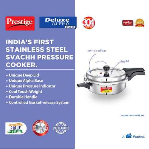 Prestige Deluxe Alpha Svachh Stainless Steel Pressure Cooker with Spillage Control Deep Lid - Silver