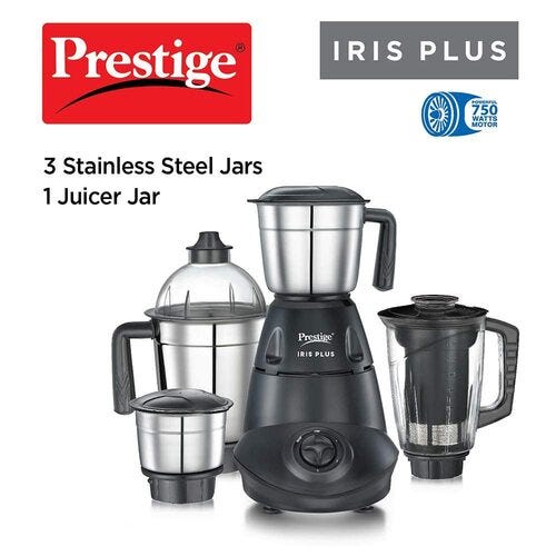 Prestige Iris 750 Watt Mixer Grinder with 4 Jars (3 Stainless Steel + 1 Juicer) | Super Efficient SS Blades | Black | 2Y Warranty | ISI Certified