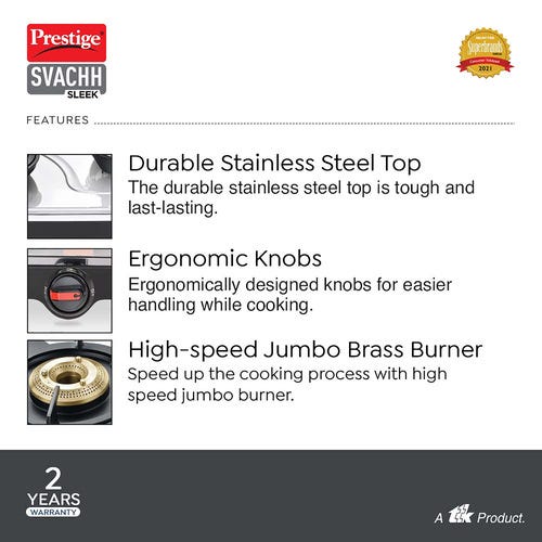 PRESTIGE SLEEK SVACHH GAS STOVE (WITH STAINLESS STEEL TOP AND 3 UNIT BRASS BURNER)
