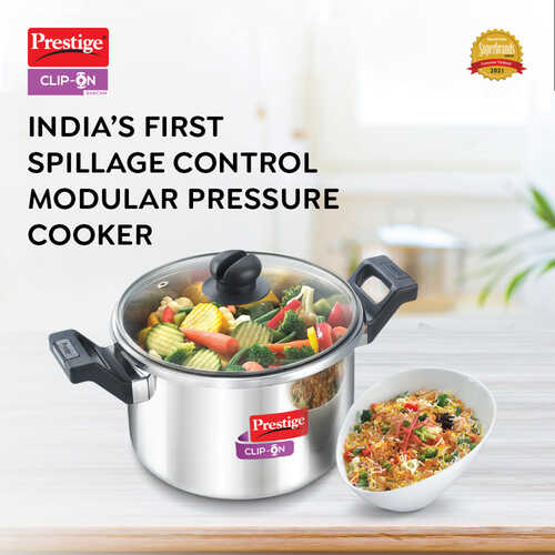Prestige Clip-on Svachh Stainless Steel Spillage Control Pressure Cooker with Glass Lid, 5 L (Silver)