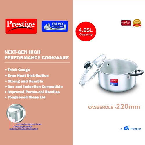 Prestige 22cm/4.25L Tri-Ply Stainless Steel Splendor Casserole with Glass Lid|Gas and Induction Compatible| Even Heat Distribution|Strong and Durable| Perma-Cool Handles| Lifetime Warranty