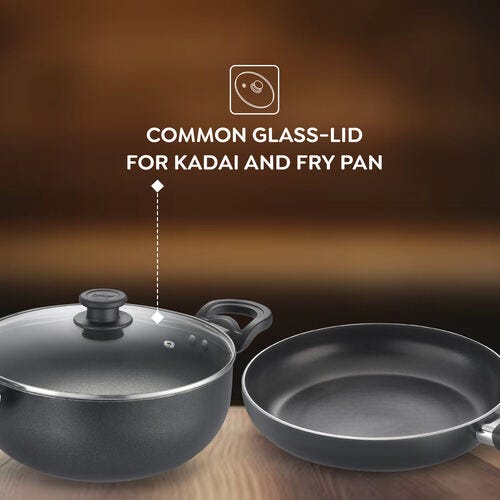 Prestige Svachh Byk Set Aluminium Non Stick Cookware, Omni Tawa Dia 28 Cm -1 Unit, Fry Pan Dia 24 Cm - 1 Unit, Kadai with Glass Lid Dia 24 cm -1 Unit