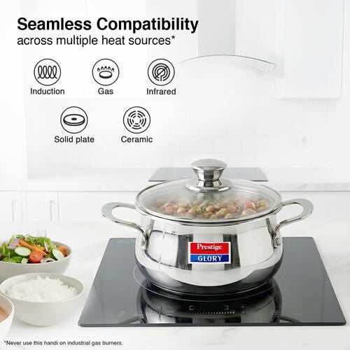 Prestige Glory Stainless Steel Cookware Handi 18 Cm /3.0 L With Glass Lid