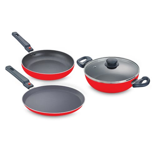 Prestige Omega Deluxe Special 3-Piece BYK Set (Fry Pan, Omni Tawa, Kadai with Glass Lid)