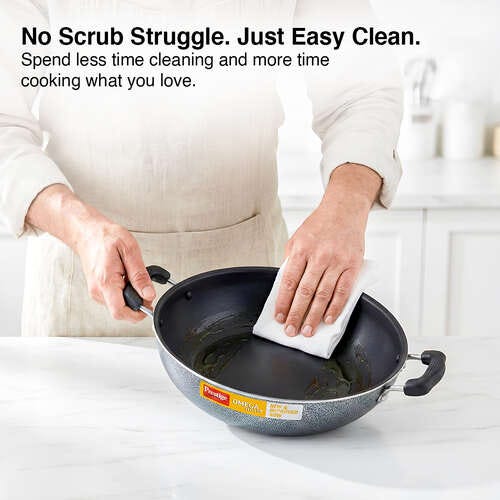 Prestige Omega Select Plus Aluminium Flat Base Non-Stick Coating Kadai with SS Lid, 27cm (Black)