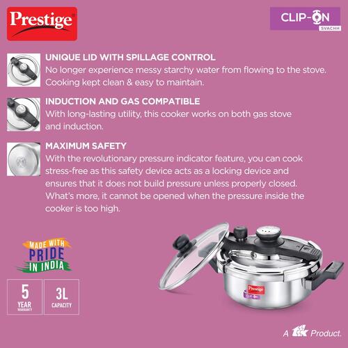 Prestige Clip-on Svachh Stainless Steel Spillage Control Pressure Cooker with Glass Lid, (Silver)
