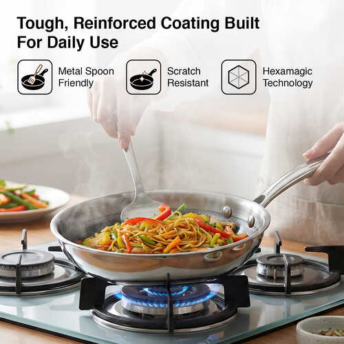 Prestige TRIPLY HexaMagic Fry Pan 24cm/1.7L | Durable Honeycomb Non-Stick Structure | Low Oil Consumption | Metal Spoon Friendly | Gas & Induction Compatible | 15Y Product & 3Y Coating Warranty| ISI