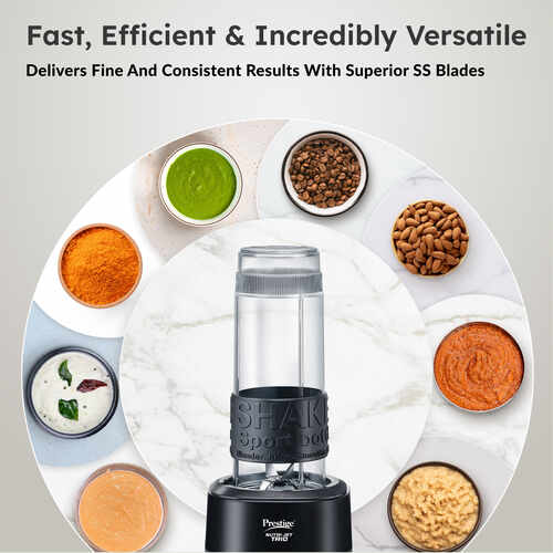 Prestige Nutri-Jet Trio 450 Watt Mixer Grinder with 3 Transparent Jars | Space-Saving Design | Extra Sipper Lid | Stainless Steel Blades | 1Y Warranty | ISI Certified