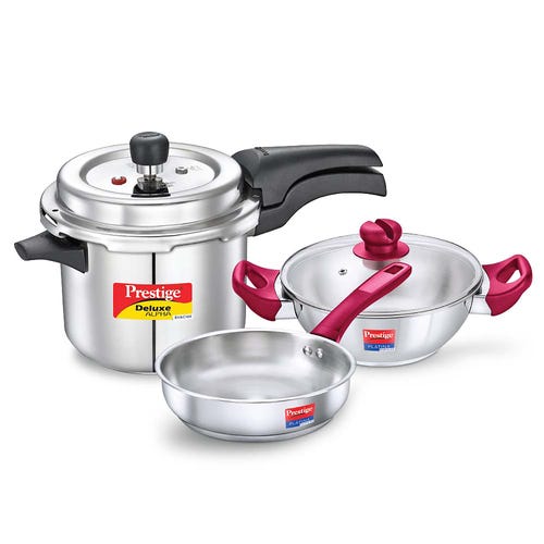 Prestige Deluxe Alpha 3.5 L Pressure Cooker + Platina Popular 22 cm (2.25 L) Kadai with Glass Lid and Platina Popular 22 cm (1.9 L) Fry Pan Kitchen Set