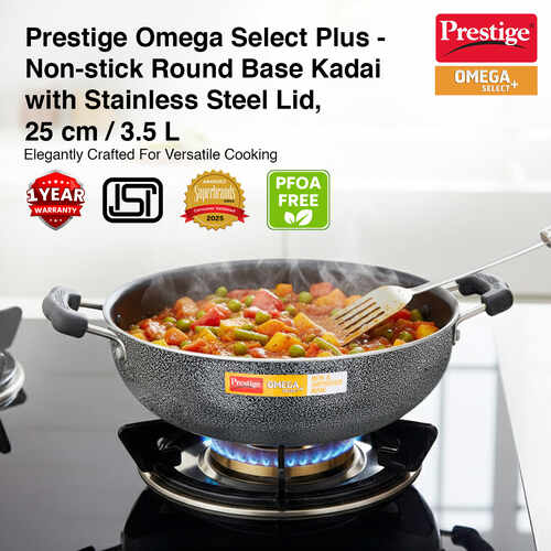Prestige Omega Select Plus Superior Non-stick Coating Round Base Kadai with Lid, 25cm (Black)