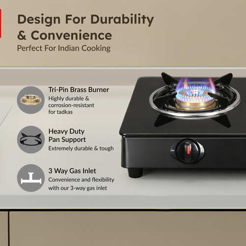 Prestige Efficia LP Gas Stove with Powder-Coated Body, Glass Top & 2 Brass Burners