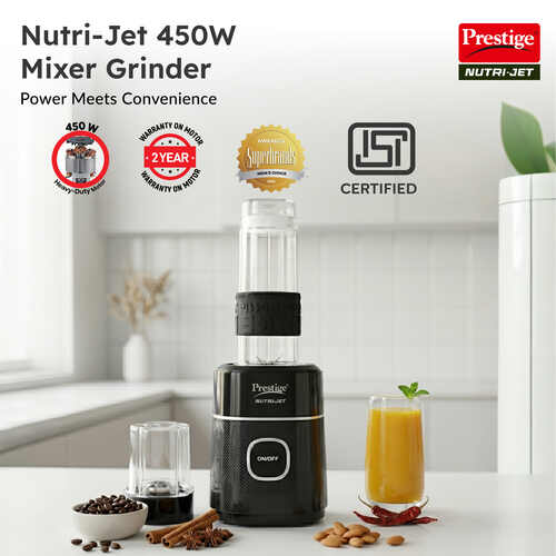 Prestige Nutri-Jet Mixer Grinder with 2 Jars| 450 Watts| Sipper Lid & Additional Cover Lid| ISI Certified| One-Touch Operation