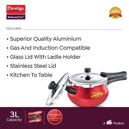 Prestige Deluxe Duo Plus Aluminium Gas and Induction Compatible Pressure Cooker with Glass Lid, (Red)